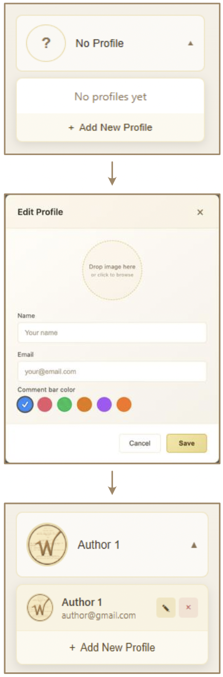 Profile creation interface with avatar, name, email, and color picker